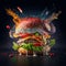 AI generated illustration of a yummy burger with flying fresh vegetables