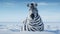 AI generated illustration of a zebra standing in the snow, making eye contact with the camera