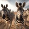 AI generated illustration of zebras standing in a desert landscape, looking directly at the camera