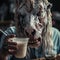 AI-generated illustration of a zombie horse drinking milk.