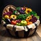 AI generated image of a basket of a variety of fruits and vegetables
