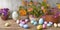 AI generated image of Braided baskets with colorful flowers in the Easter season with pastel colored Easter eggs on a wooden table