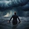 AI generated image of a businessman standing in the water and looking up at a stormy sky
