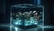 AI generated image. Cultivation of glowing mushrooms inside the transparent glass cube container in scientific laboratory