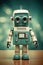 AI generated image of a cute teal and cream robotic toy. retro vintage science fiction toy.