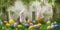 AI generated image of Cute white easter bunnies in a cottage garden filled with pastel colored easter eggs