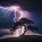 AI-generated image depicts a powerful and dramatic scene of lightning striking a tree