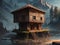 AI generated image of a double floored thatched house surrounded by mountains and standing on a pool of water