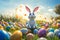 Ai generated image of an Easter bunny in a field full of decorated eggs