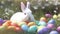 Ai generated image of an Easter bunny in a field full of decorated eggs