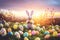 Ai generated image of an Easter bunny in a field full of decorated eggs