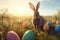 Ai generated image of an Easter bunny in a field full of pretty decorated eggs