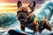 AI generated image of a French bulldog, Frenchie, surfing on waves