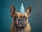 Ai generated image of a french bulldog wearing a birthday hat