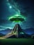 AI generated image of a glowing green UFO hovering above ancient ruins with mountains in the distance