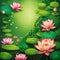 AI generated image of a green pond adorned with fully bloomed lotus and dotted with lotus leaves