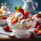 Ai generated image of an ice-cream dessert with strawberries around