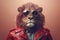 Ai generated image of a male lion in a red leather jacket