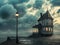 AI-Generated Image of Old Evening House with Street Lamp, Surreal Magritte-Inspired Fantasy Photo