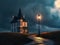 AI-Generated Image of Old Evening House with Street Lamp, Surreal Magritte-Inspired Fantasy Photo