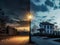 AI-Generated Image of Old Evening House with Street Lamp, Surreal Magritte-Inspired Fantasy Photo