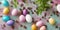 AI generated image of Pastel painted Easter eggs on a rustic blue table with pieces of choclate