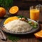 An ai generated image of plate of rice and orange juice