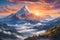 AI-generated image presents a captivating scene with cloudy sunset mountain peaks poking out of the clouds