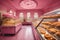 AI-generated image presents a charming bakery scene, bathed in soft pink hues