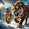 AI generated image of two roaring tigers in a snow covered jungle