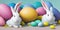 AI generated image of Two white Easter bunnies trapped under a pile of large pastel colored Easter eggs on a floor