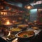 AI generated image of a typical Indian kitchen with a wide variety of Indian cuisines and other cooking ingredients