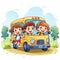 AI generated image, vector illustration. Group of smiling children on a yellow school bus