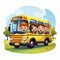 AI generated image, vector illustration. Group of smiling children on a yellow school bus.