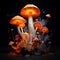 AI generated image of vibrant orange mushrooms glowing in dark