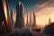 Ai generated incredible world, white future city surreal buildings at morning light,