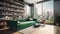 AI generated interior of light living-room with panoramic windows, book shelves and green leather sofa, New York styled