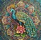 AI generated intricate painting of a peacock on a vividly colorful backdrop adorned by several types of flowers
