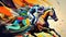 AI generated Jockey riding a race horse. Colorful abstract background