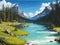 AI generated landscape showcasing blue turquoise river flowing down from the snow clad mountains through the green pine forests