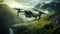 AI Generated Light green and black drone flying over beautiful nature scenery