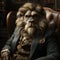 AI generated lion wearing suit and sitting on leather armchair