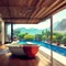 Ai generated a luxurious outdoor bathtub with a stunning view of a swimming pool and wooden deck