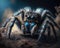 AI generated a macro-portrait of a hairy tarantula with blue eyes.