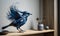 AI generated a magical blue bird with bright feathers sitting on a painter table