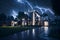 Ai generated majestic mansion with dramatic lightning in the night sky