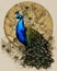 AI-generated Male Peacock with feathery round gold disc background