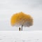 AI-Generated Minimalist Landscape: Yellow Foliage Tree in Snow with Distant Human Silhouette