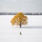 AI-Generated Minimalist Landscape: Yellow Foliage Tree in Snow with Distant Human Silhouette