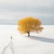 AI-Generated Minimalist Landscape: Yellow Foliage Tree in Snow with Distant Human Silhouette